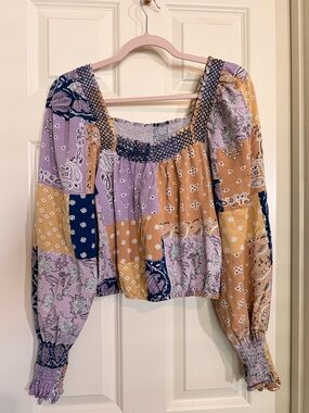Patchwork Bandana Smocked Peasant Blouse — Lavender & Mustard